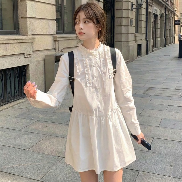 Frill collar mid-length shirt dress 00269