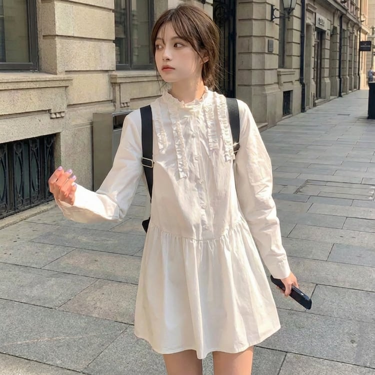 Frill collar mid-length shirt dress 00269