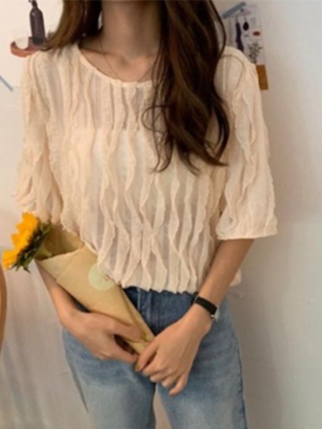 シンプル 半袖 プリーツ シャツ ゆったり★２色