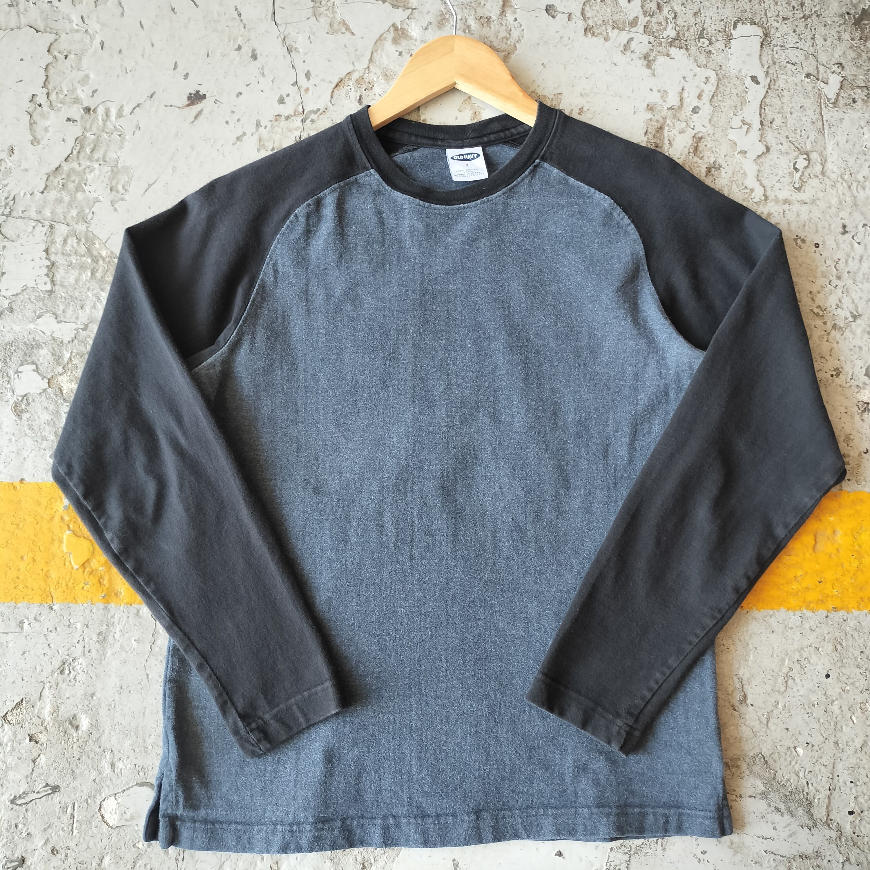 Used 長袖◆S 90s old navy ヘビーオンス ラグラン 無地 グレー×ブラック◆USA古着 ヴィンテージ