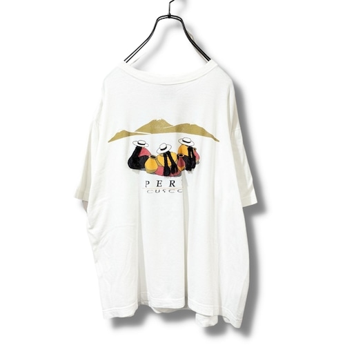 三つ編みTシャツ　古着　ホワイト　デザイン　シングルステッチ　ペルー　BC81