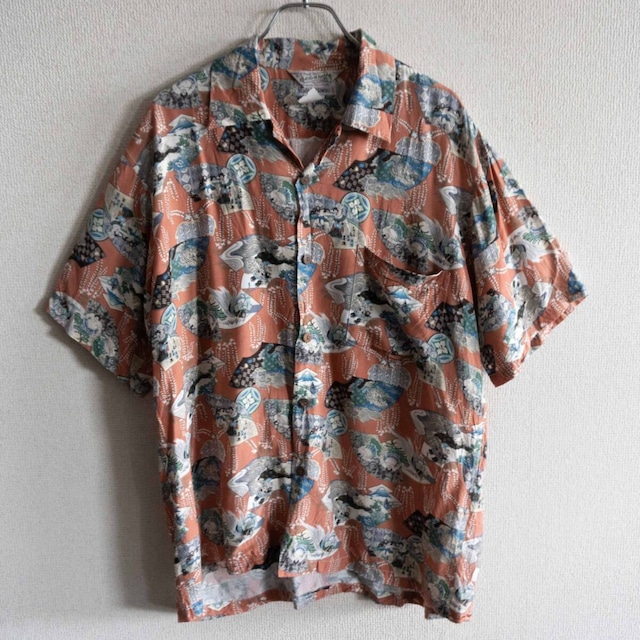 美品/USA製】LAND OF ALOHA【和柄 レーヨン アロハシャツ】M ランド 