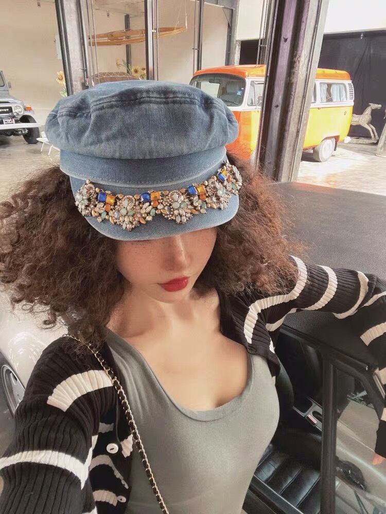 デニム キャスケット 帽子 ベレー帽 ヘアアクセサリー ラインストーン