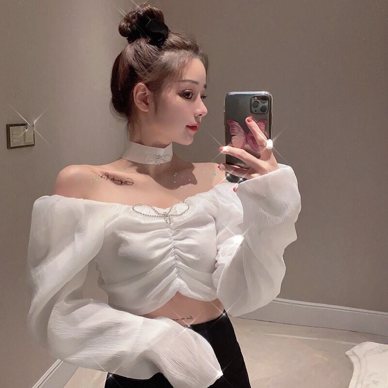 ワンショルダーボウノットフレンチホワイトシフォンシャツレディース秋半半袖シャツデザインニッチトップ ブラックストロベリース6161414196