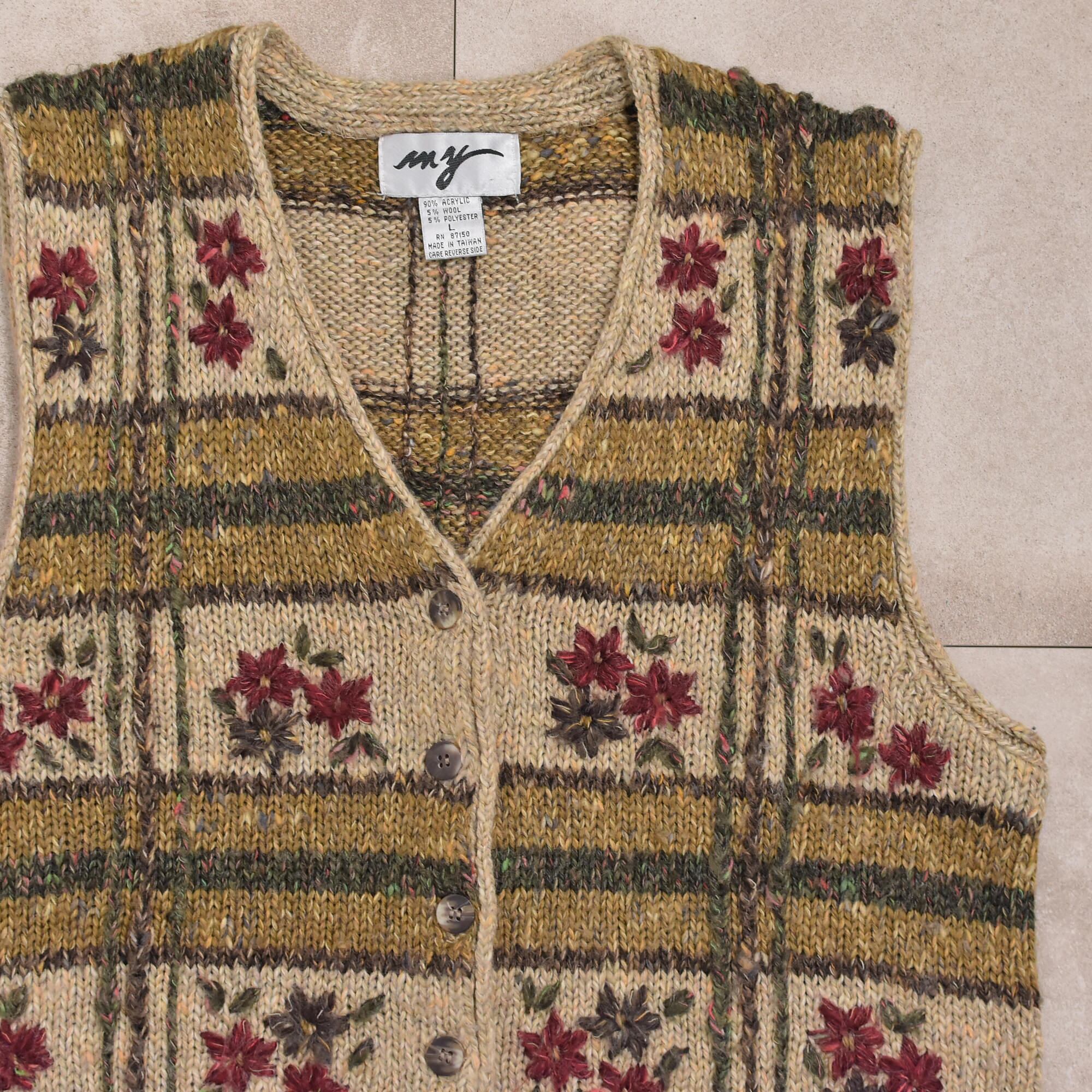 80～90s Iny Flower embroidery check knit vest