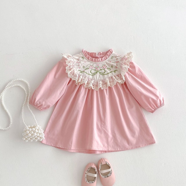 【BABYKID】フラワー刺繡ピンクワンピース