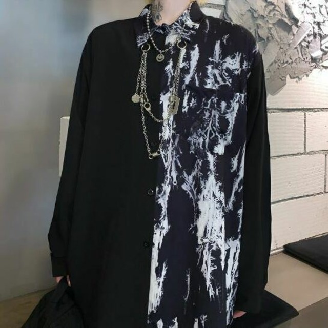 長袖シャツ チェーン ネックレス アクセサリー 韓国ファッション 黒 パンク K Pop モード系 ゴシック ユニセックス 柄シャツ ブラックコーデ メンズライク メンズ トップス ブラック Arb