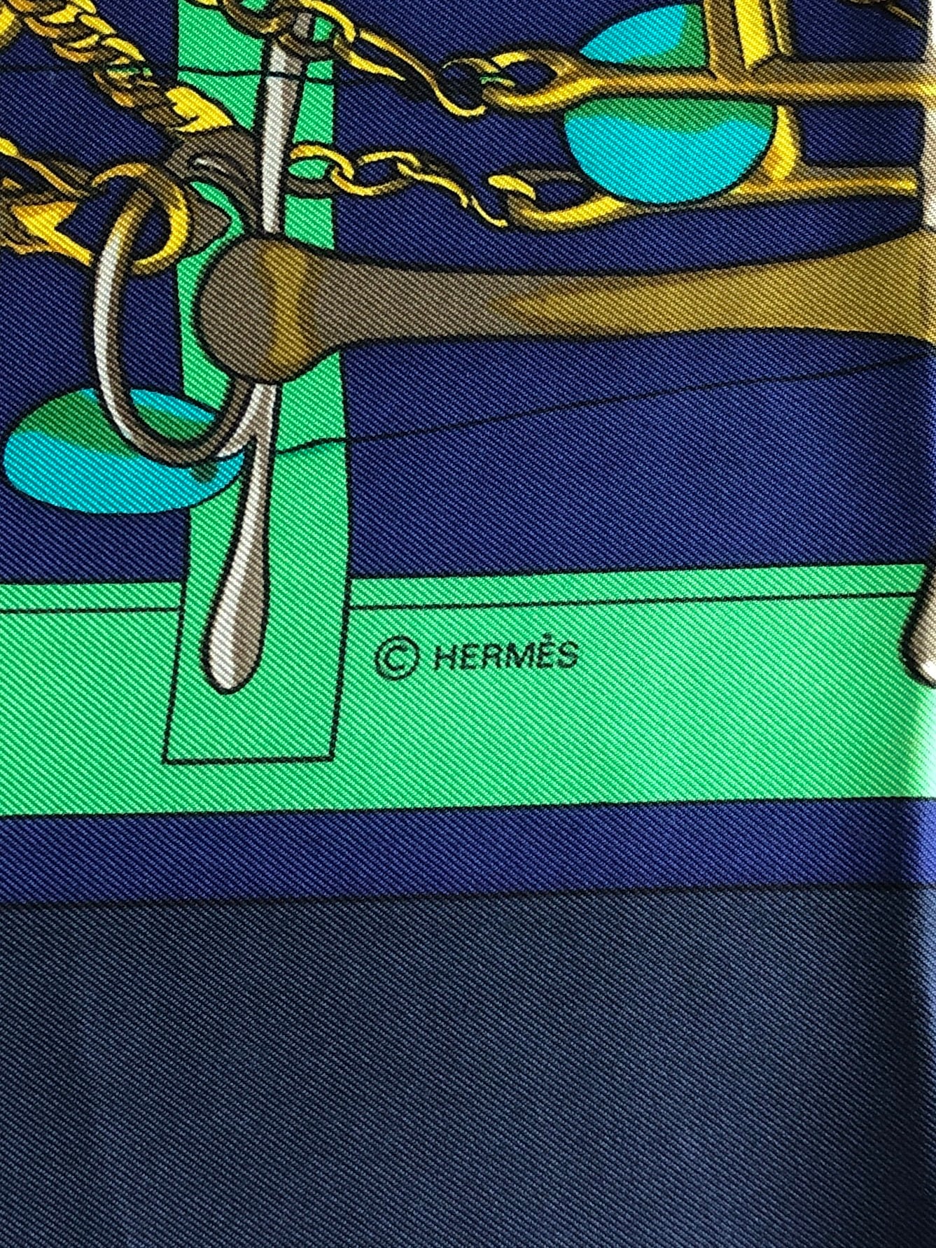 HERMES エルメス スカーフ ネイビー ホースビット カレ90 シルク Mors