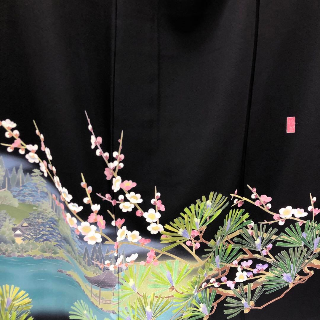 2796 加賀友禅 黒留袖 丸に梅鉢 松 桜 落款あり | Donfamily