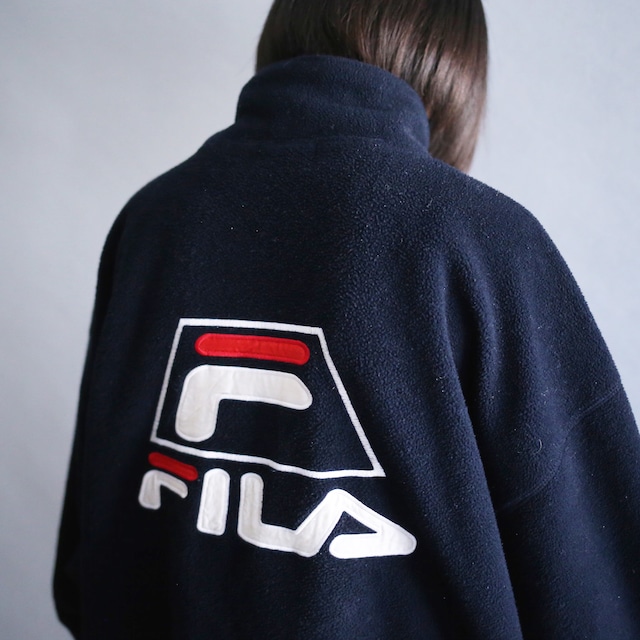 "FILA" over silhouette front and back logo embroidery half-zip fleece pullover