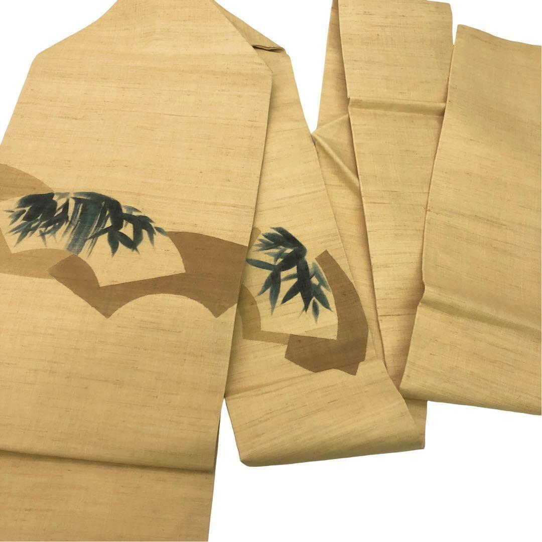 名古屋帯 地紙に笹竹模様 手描き 紬 黄唐紙色 O-3619 | リユース着物  