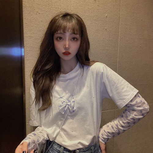 ✞ 花柄メッシュ長袖スリーブTシャツ ロング リボン ✞ゴスロリ SM ミリ 甘ロリ クラロリ 和ロリ エレガント 黒ロリ 姫ロリ 華ロリ BB-BB6054578