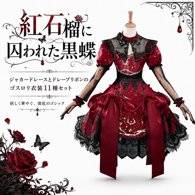 紅石榴に囚われた黒蝶 ジャカードレースドレープリボンゴスロリ11点セット