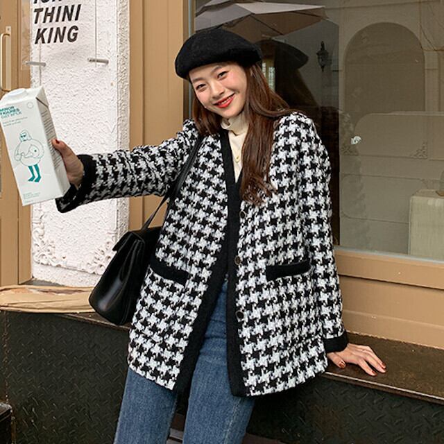 ジャケット レディース 千鳥格子 ノーカラージャケット おしゃれ きれい目 カジュアル ブラック×ホワイト ワンサイズ