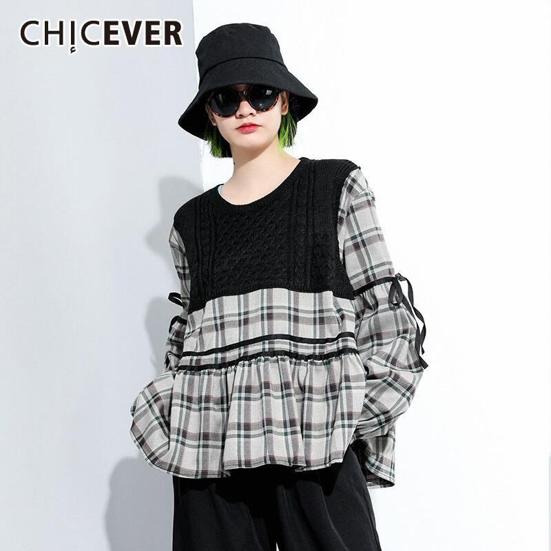 CHICEVERチェック柄TシャツレディースOネックランタン長袖パッチワークヒットカラー蝶結びレースアップ特大Tシャツ2020 ロング リボン 6base556737578887
