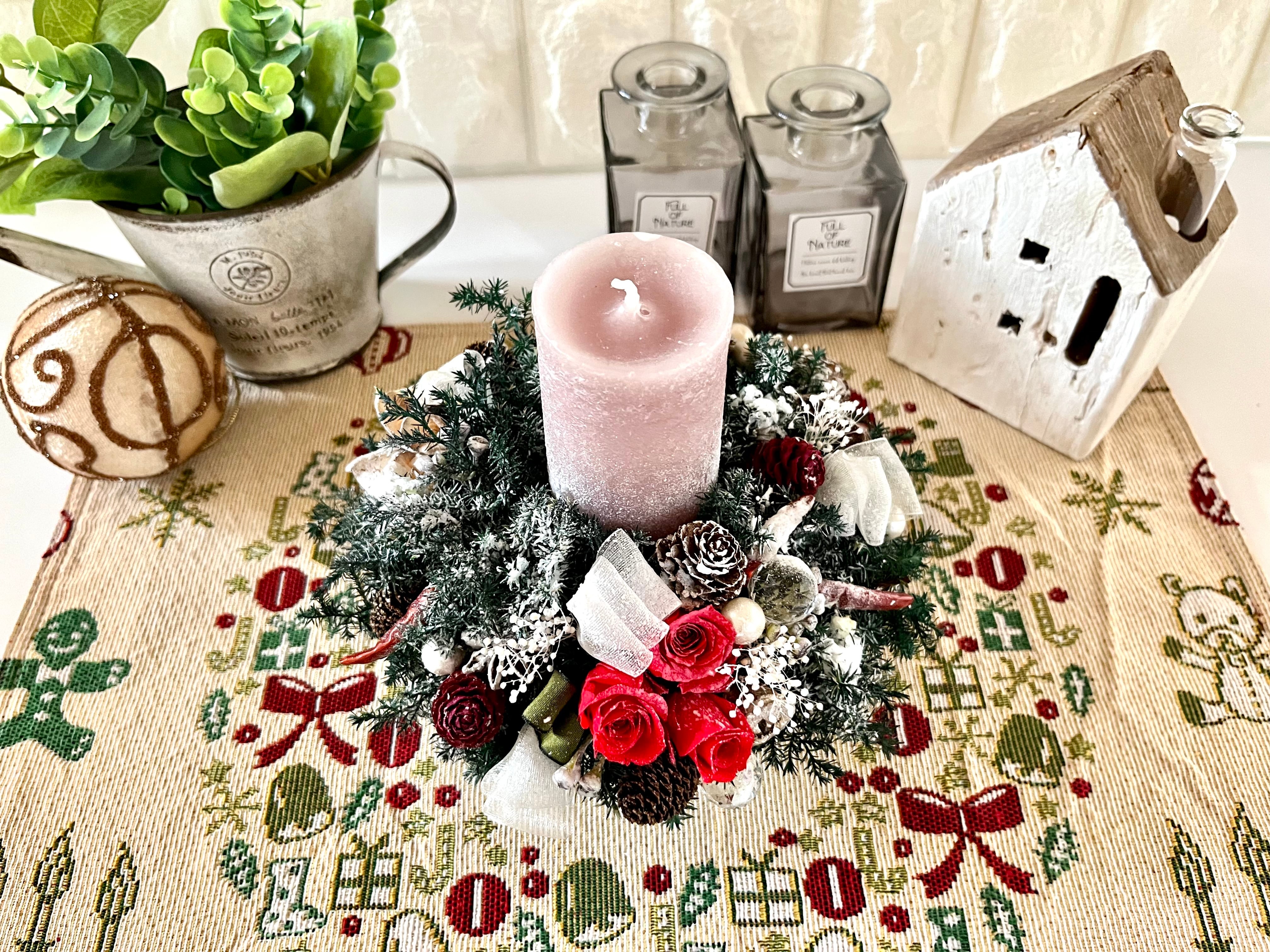コットンと木の実のキャンドルアレンジメント　クリスマス