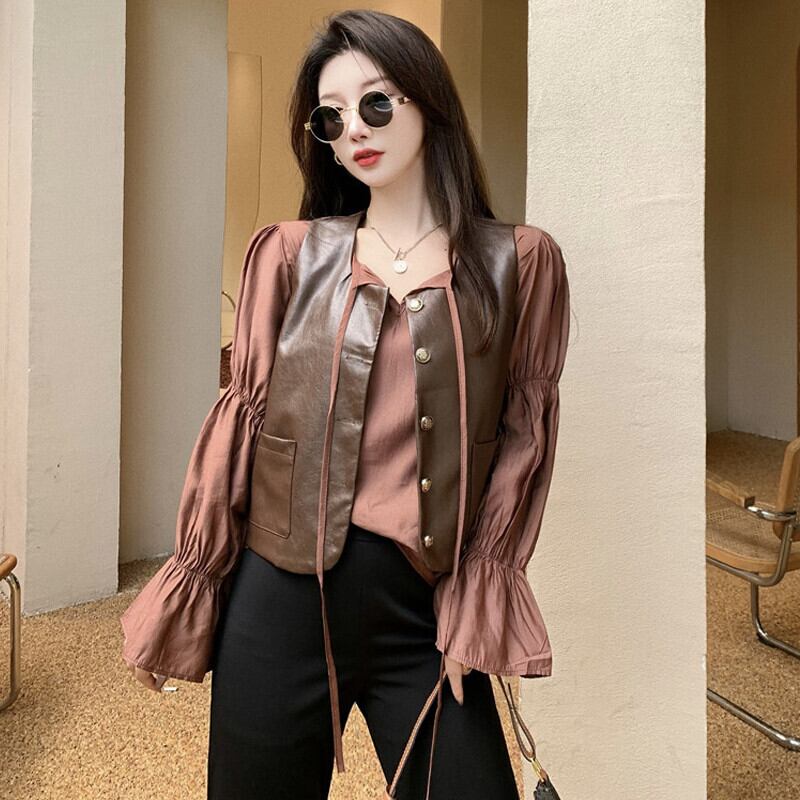 スタンダードショートスリーブシャツ オータムスタイルレザージャケット レトロ ストリート 大人ガーリー スウィート キュート カジュアル 秋物 ガールズファッション18553279744
