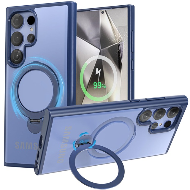【定点360度回転スタンドとMagSafe併用】smhokesu galaxy S24 Ultra 用 ケース Magsafe 対応 [定点回転スタンド・超絶安定性] 半透明感 マグセーフ 超強力な磁力 縦横両対応 米軍MIL規格取得・耐衝撃 ギャラクシー S24 ウルトラ/docomo SC-52E / au SCG26 用カバー 指紋防止 黄変防止 6.8 インチ ブルー