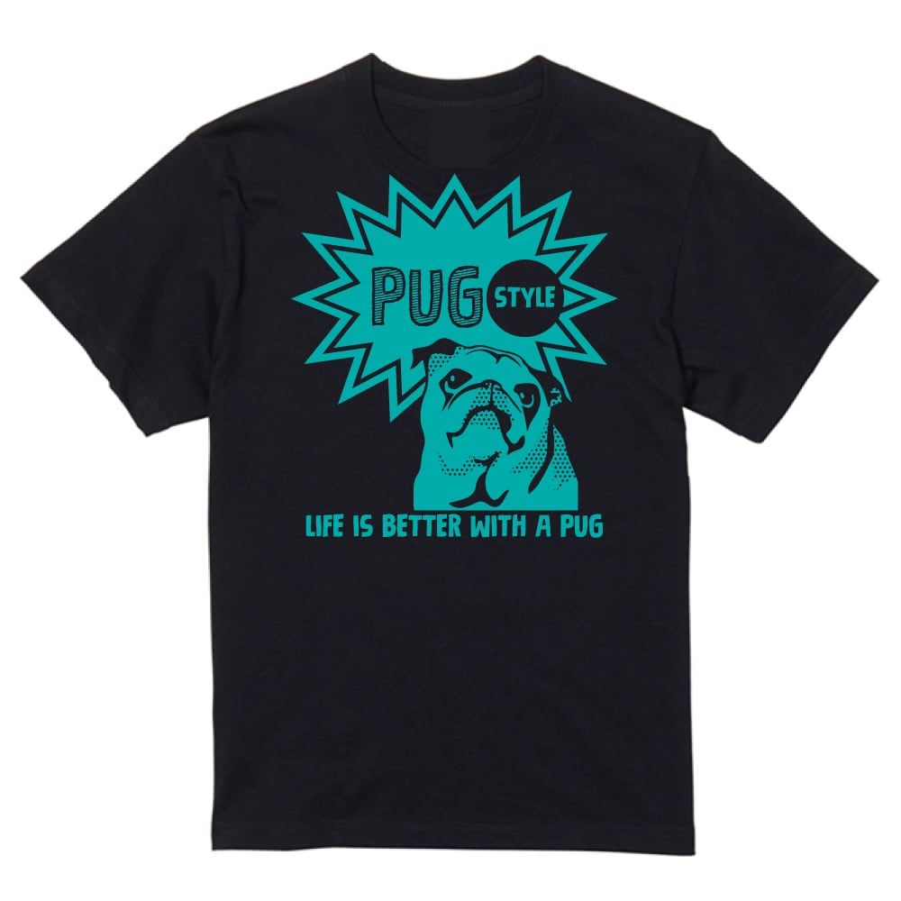 アメコミ風パグTシャツ【ブラック／ブルー】