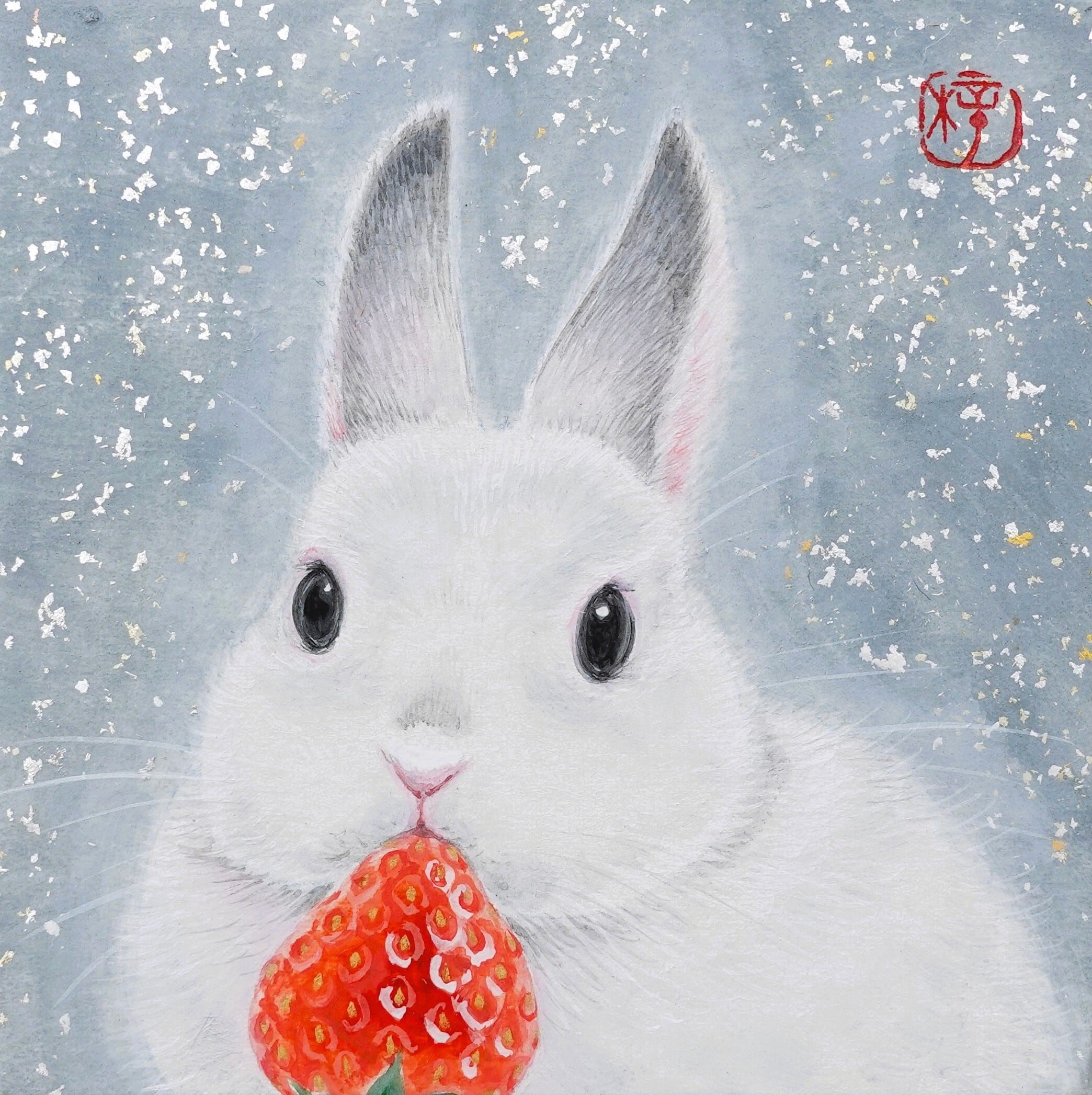 うさぎとイチゴの絵画 アート作品 プチ大和絵～「卯」 | 大和絵師 中沢梓 公式ネットショップ