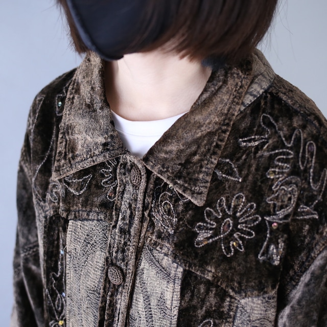 "刺繍" lathe switching and sequin decoration velours × weaving switching jacket