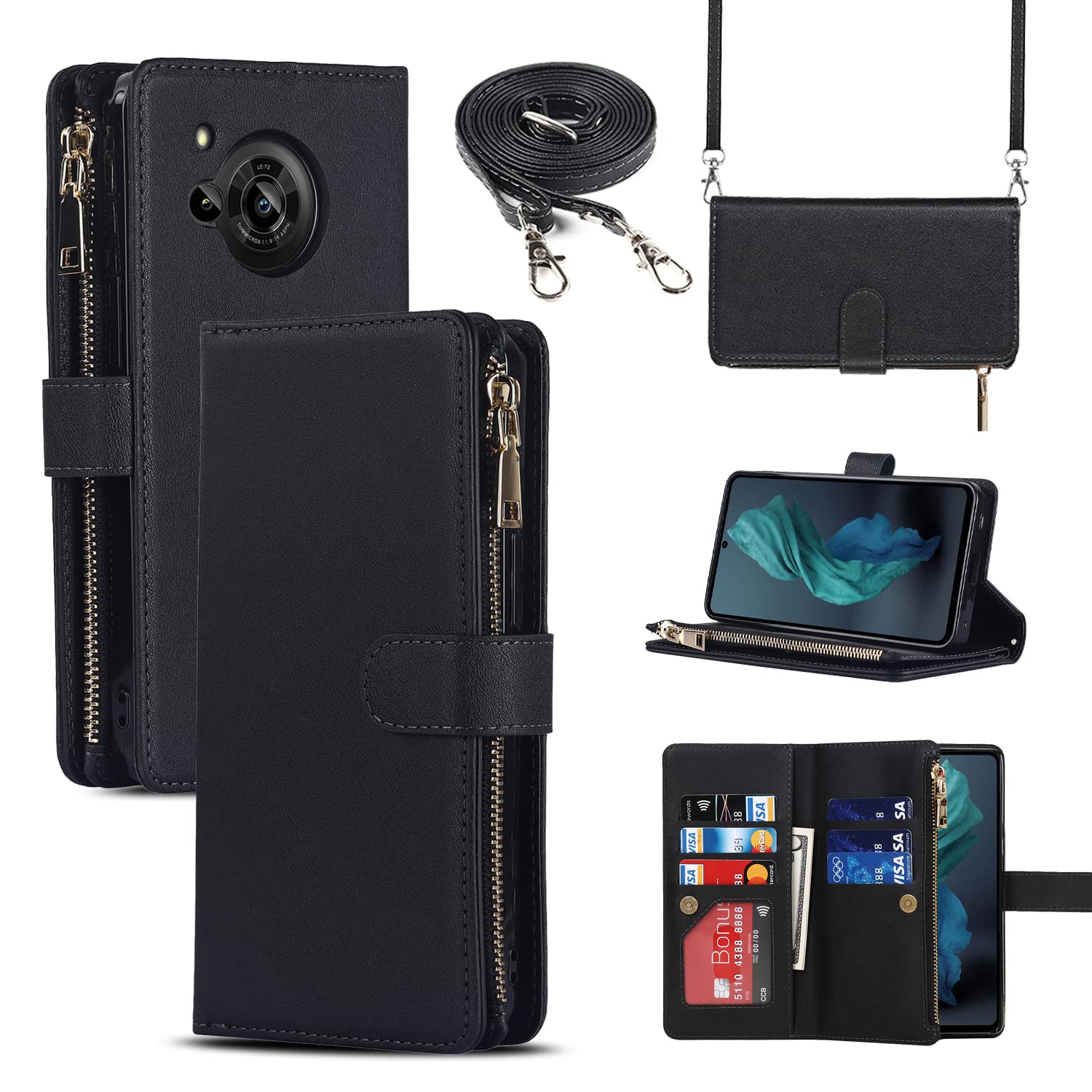 Pelanty for SHARP AQUOS R7 縄掛けケース手帳型 SH-52C 携帯カバー 肩掛け斜めがけ ショルダー 合成皮革+TPU マグネット 財布型カバー ICカード お札入れ小銭入れ大容量 収納ポケット スタンド機能 シャープ アクオスR7 ストラップ付き 落下防止 耐衝撃 全面保護(肩縄付き-ブラック)