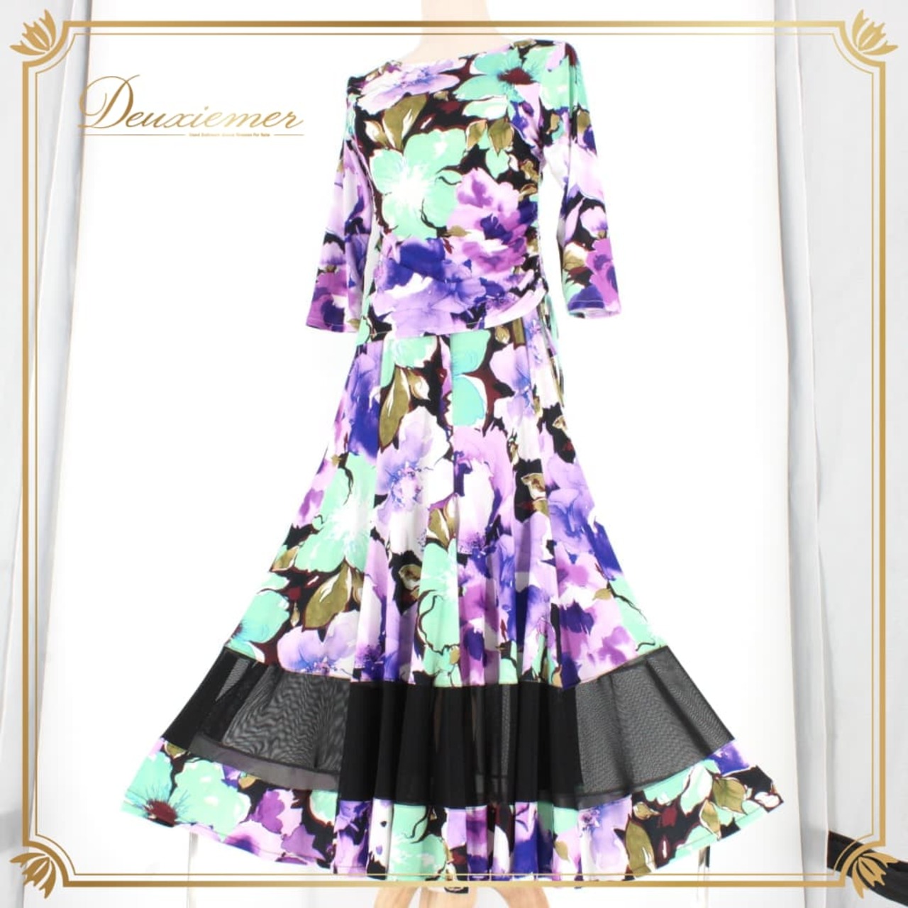 社交ダンス 衣装 スタンダード 上下セット ツーピース レッスンウェア パーティ衣装 ブラック系 ホワイト系 パープル系 グリーン系 紫 黒 緑 紫系 花柄 デザイン 大胆 ワンピース風 トップス スカート フレアスカート ラテン調 フォーマル ダンスウェア ジョアン レディース 伸縮性あり 7分袖 七分袖 カラフル モダンスタイル 派手柄 柄シャツ風 バイカラー アシンメトリー風 パープル×グリーン×ブラック 系統 おしゃれ 練習着 発表会用 舞台 レッスン パーティー衣装 成人女性用 Mサイズ相当