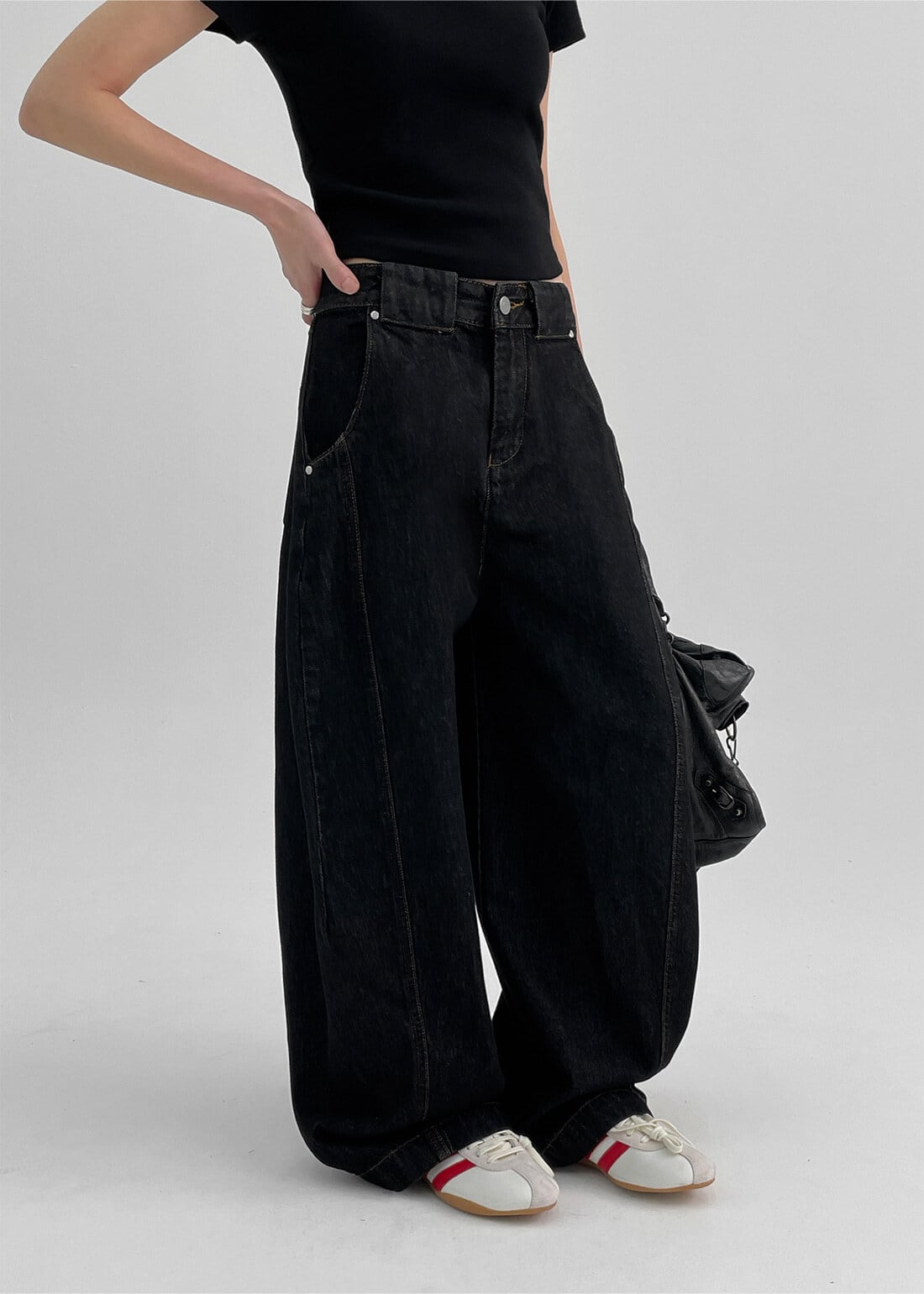 TREEMINGBIRD◆Two-way Fit Balloon Denim Pants 韓国人気 ☆aespa ニンニン 着用!!【BLACKUP】Bermans Curved Wide