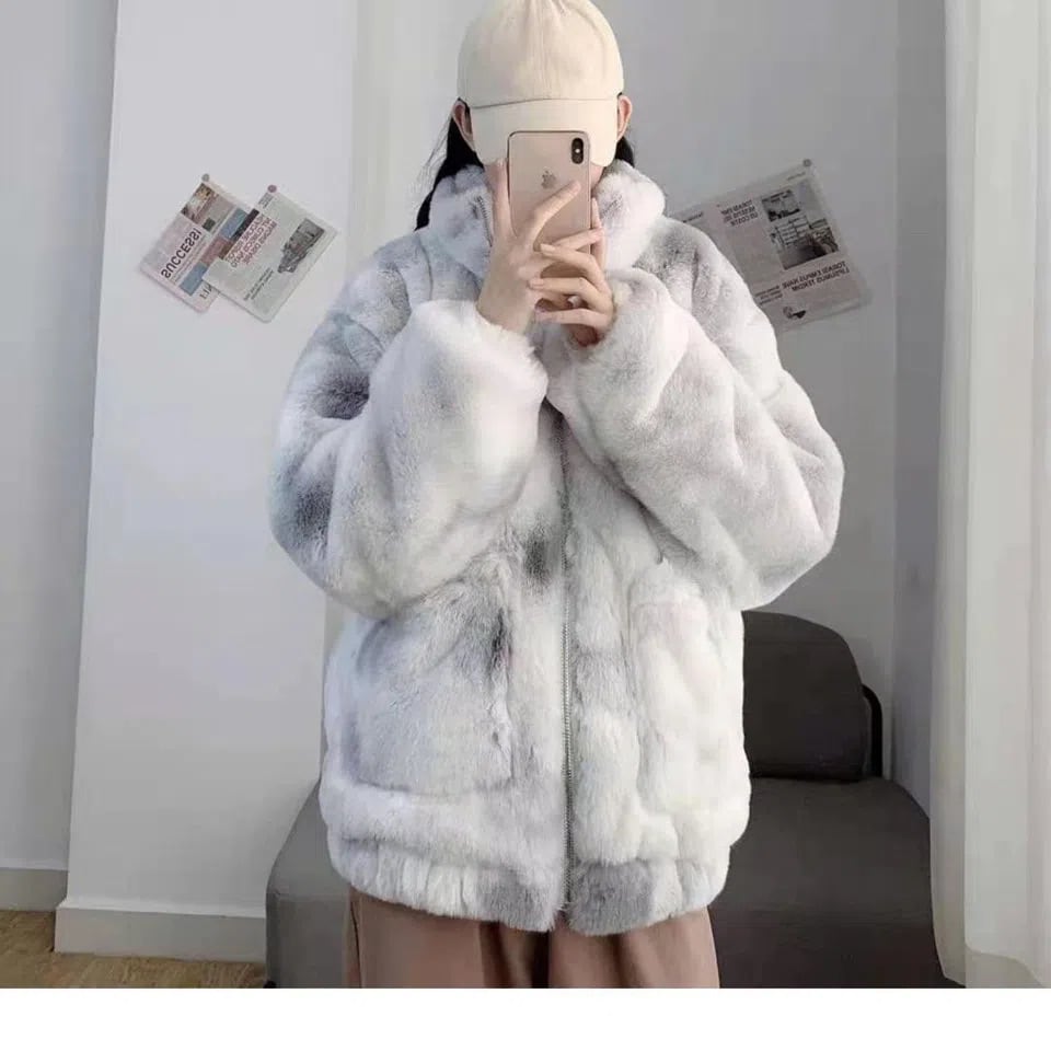 【新作】【送料無料】 (北極ベルベット) 冬ルーズタイダイスタンドカラーレッキスラビットファーヤングフェイクファーコート怠惰なスタイル 0260483399386