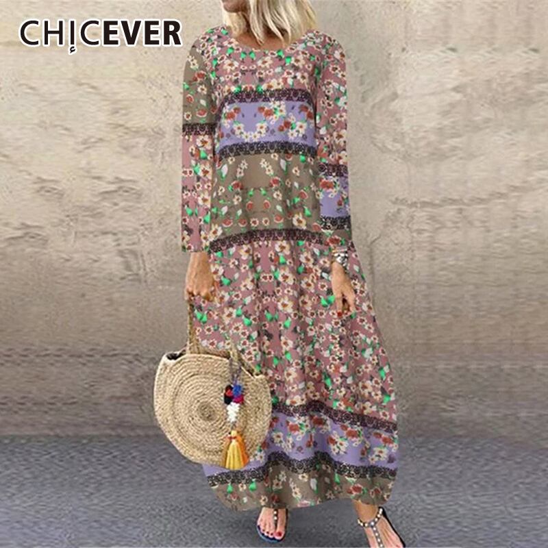 CHICEVERプリントヒットカラードレスレディースOネック長袖プラスサイズルーズドレス2020春服 ロング 大きめサイズ スプリング 春物 6base535652315838
