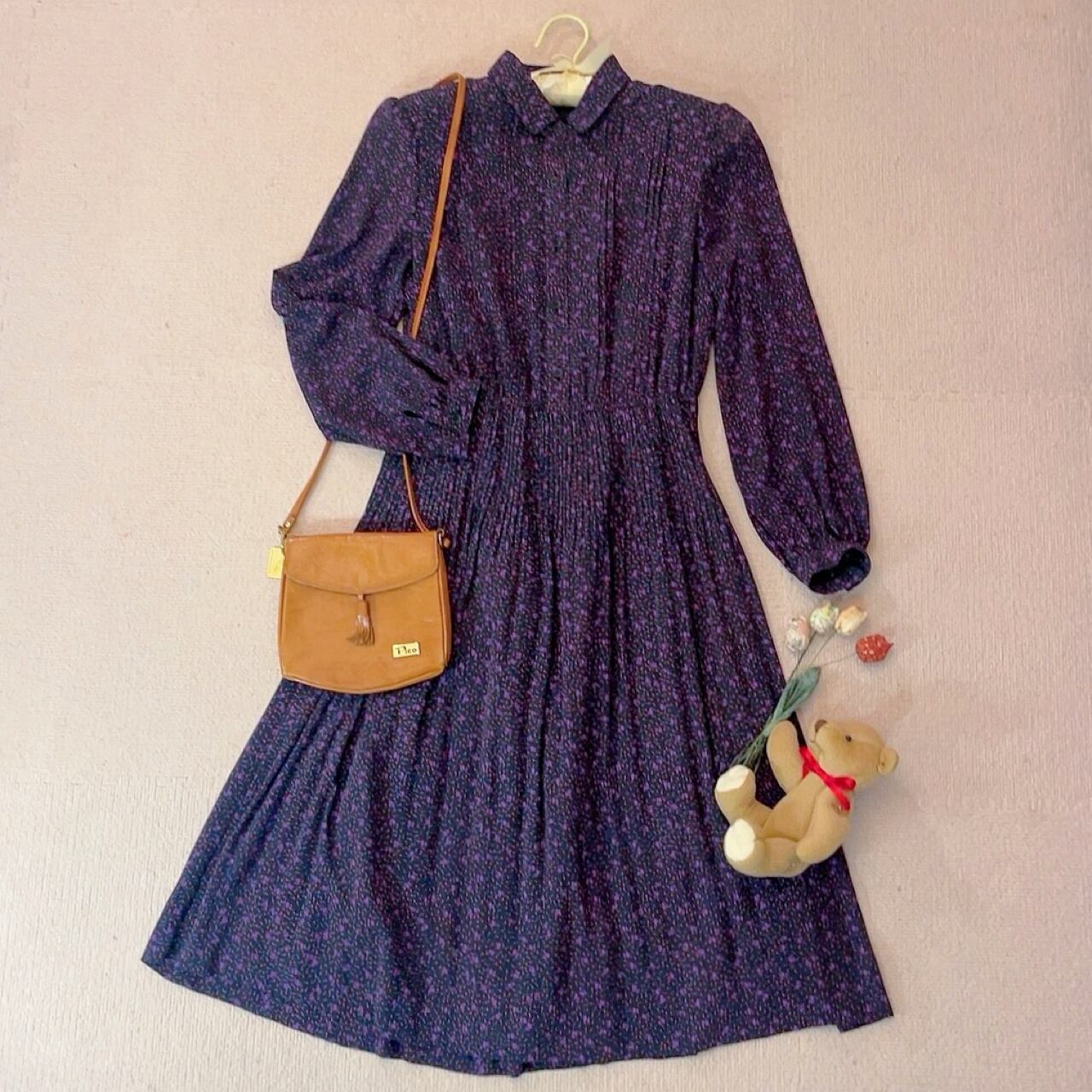 purple heart dot pleats one-piece