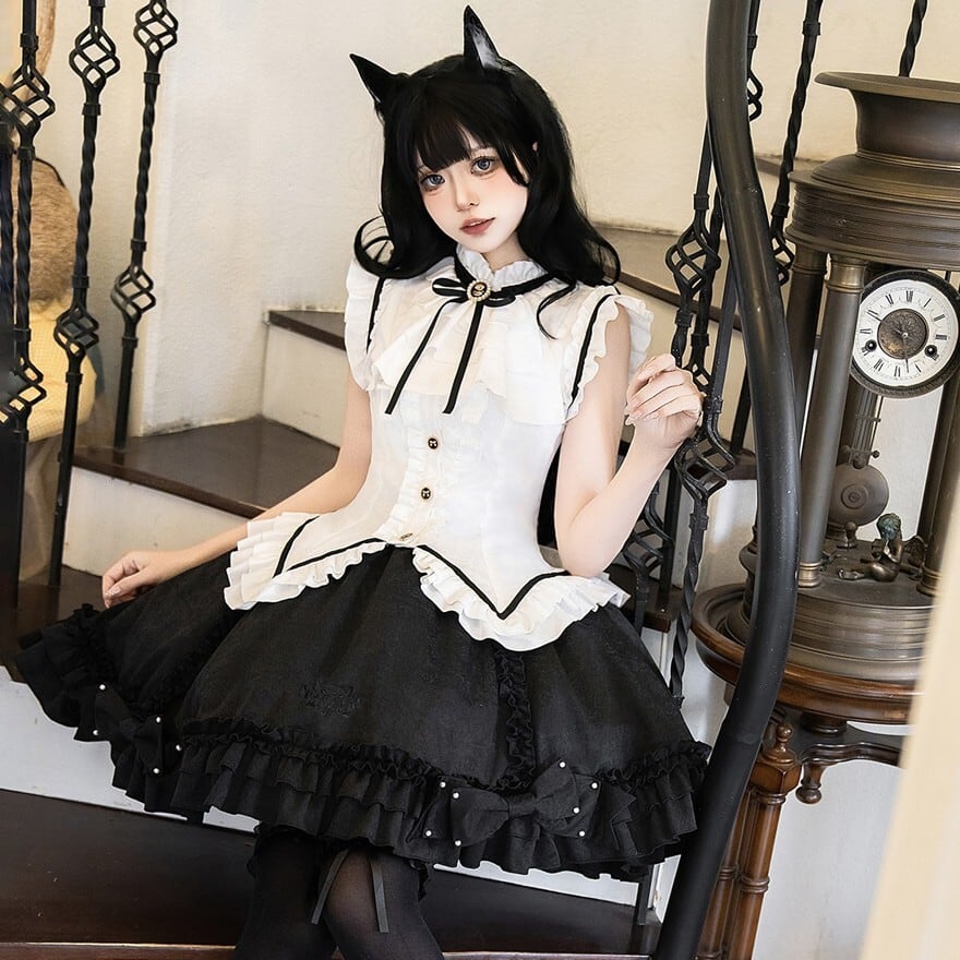 ゴスロリ セットアップ 黒猫風 ブラウス スカート 黒白フリル｜WithU