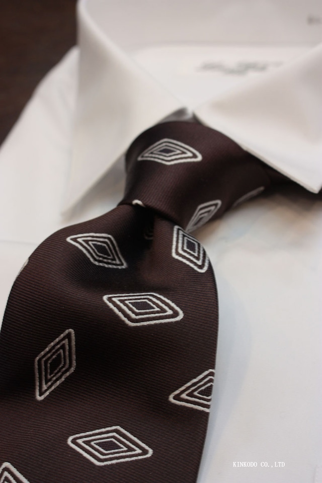 ALBENI 1905（アルベニ1905）イタリア製 シルクタイ／ブラウン 菱形（ダイヤ）ステッチ風小紋