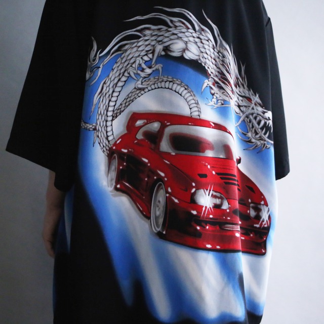 racing car and dragon graphic loose h/s shirt