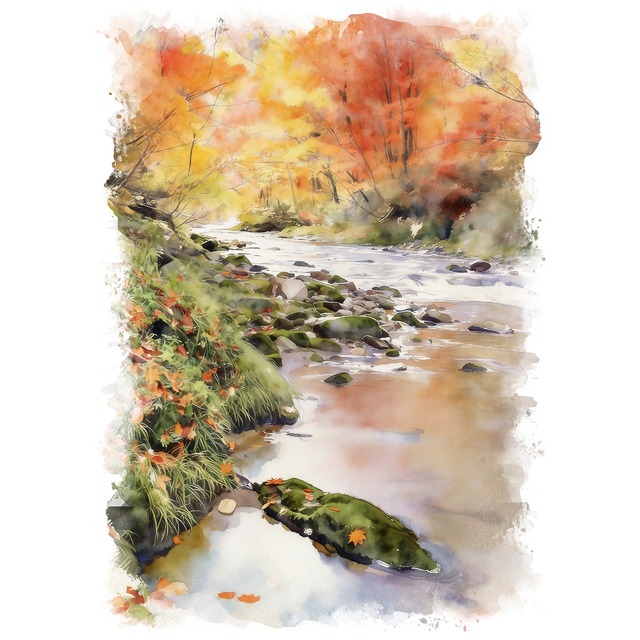 絵画 日本 秋の白神山地の風景 インテリアアート額付き 水彩画・油絵風 WAT0063