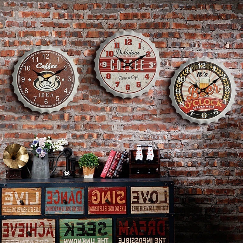 掛け時計 アメリカンレトロ調 ボトルキャップ 静音 アナログ おしゃれ