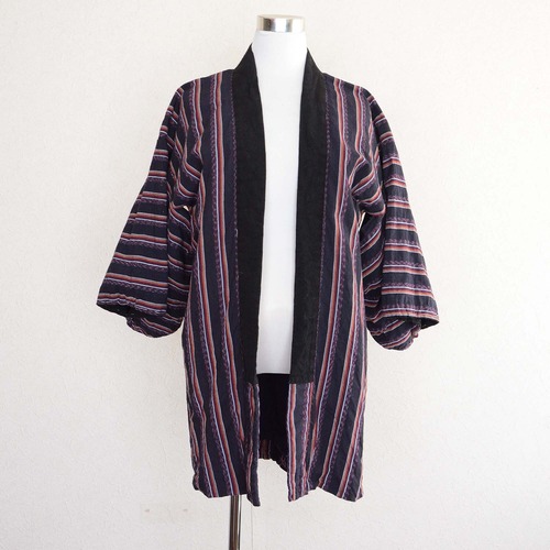 野良着 背守り? 刺繍 木綿 着物 縞模様 ジャパンヴィンテージ 昭和 | Noragi Jacket Japan Vintage Kimono Cotton Stripe Embroidery