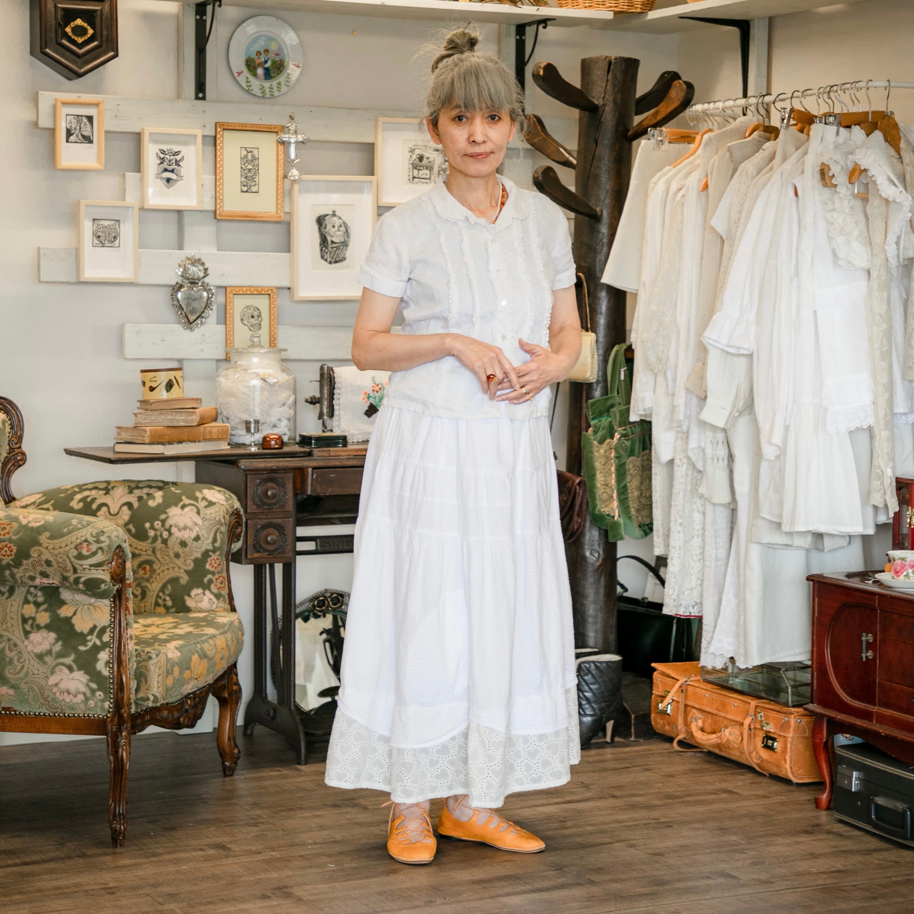 裾レースパッチワークロングスカート ヴィンテージリメイク 白  