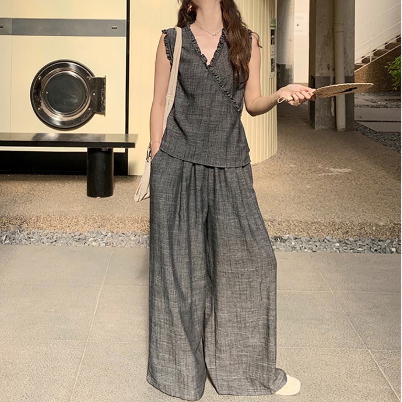 フリルノースリーブ ワイドレッグパンツセットアップ A4319