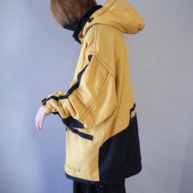 "black×yellow" tech design loose silhouette zip-up jacket with hood