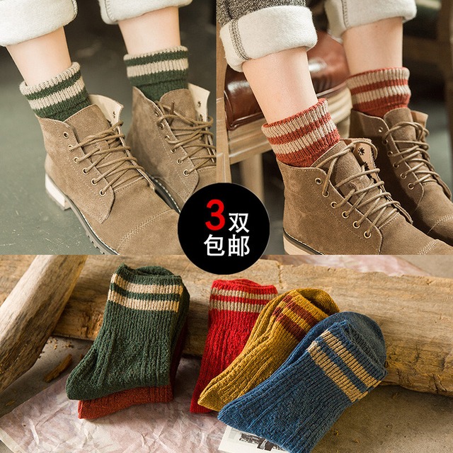 秋冬レトロ厚手のウールソックス女性の厚みのある暖かさチューブパイルパイルソックスウールソックス学生ショートブーツソックス潮 ブラック・アイド・ピーズ17658579640