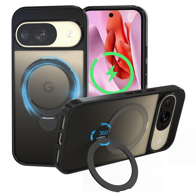 smhokesu Google Pixel 10 / Pixel 10 Pro/Pixel 9 / Pixel 9 Pro 用 ケース Magsafe 対応 【定点360度回転スタンドとMagSafe併用】超絶安定性 半透明感 マグセーフ 超強力な磁力 縦横両対応 米軍MIL規格取得・耐衝撃 指紋防止 黄変防止 ブラック