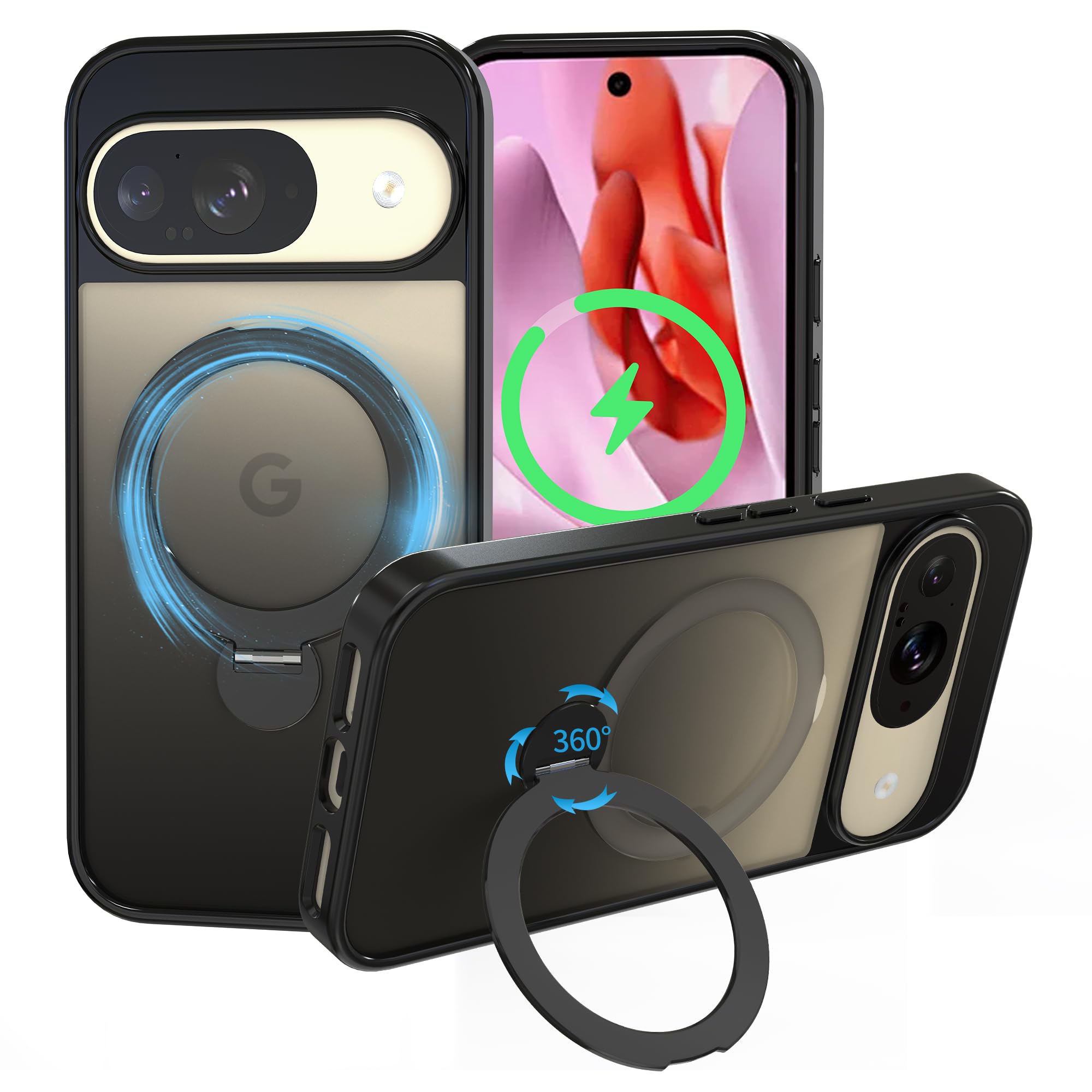 smhokesu Google Pixel 10 / Pixel 10 Pro/Pixel 9 / Pixel 9 Pro 用 ケース Magsafe 対応 【定点360度回転スタンドとMagSafe併用】超絶安定性 半透明感 マグセーフ 超強力な磁力 縦横両対応 米軍MIL規格取得・耐衝撃 指紋防止 黄変防止 ブラック