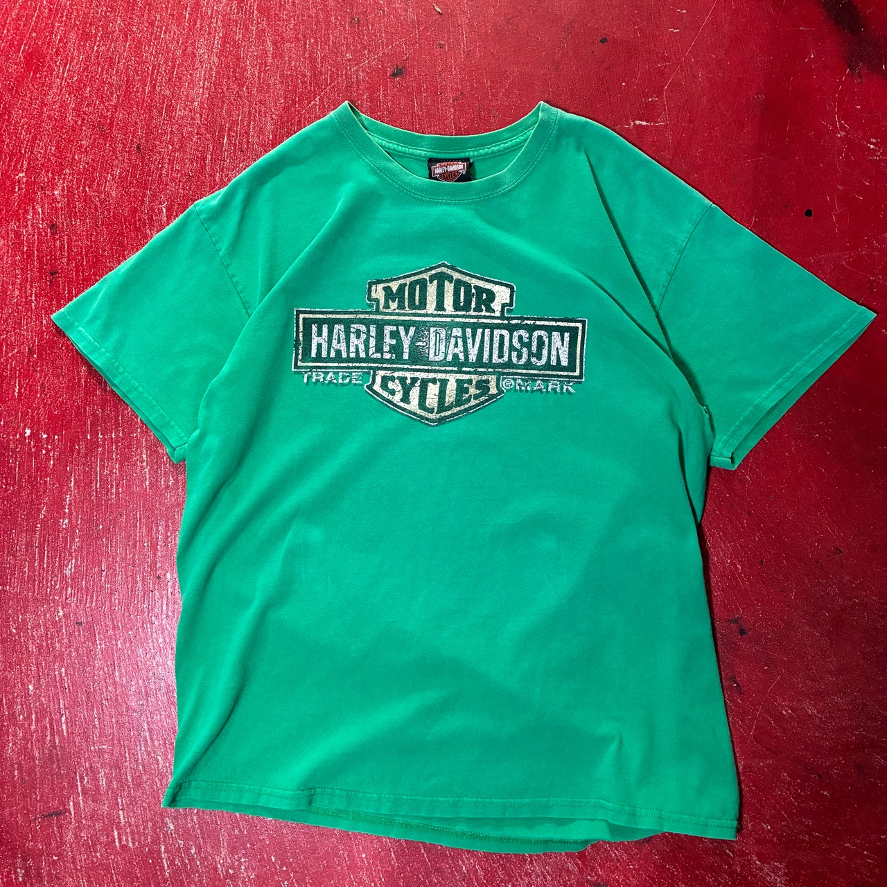 10s Harley-Davidson Tシャツ　緑　バックプリント　バーアンドシールド