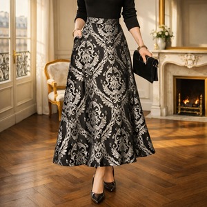バロック柄 ダマスクジャカード フレア ロングスカート　G1223