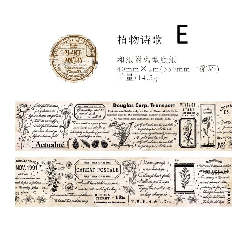 海外マスキングテープ1942 新入荷】マスキングテープ全6種 楽譜 手紙 植物 図鑑 AB11 レトロ 海外