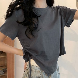 Tシャツ レディース 夏 韓国 ストリート アシンメトリー 半袖 サイドドローコード シャーリング クロップド丈 体型カバー 着やせ Y2K きれいめ カジュアル フェミニン ダンス フェス ライブ お出かけ トップス [LS-CGT153]