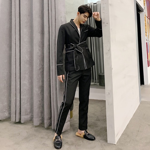 病みカッコイイ メンズファッション ストリートファッション ヒップホップ 個性的 裏原 カラーストライプスリムスタイルスプリングオータム 春物 秋物 Muzi 病みカッコイイ