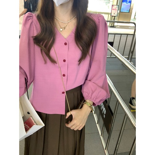 シフォンシャツ スリーブブラウス 薄手Vネックレディース ピンク ランタンスリーブ 77style97633202528