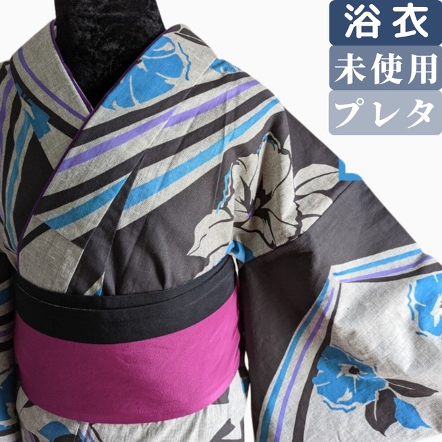 【コシノジュンコ大人のモダン浴衣】未使用品 浴衣 綿 バチ衿 重ね衿 グレー系 丈166 裄69
